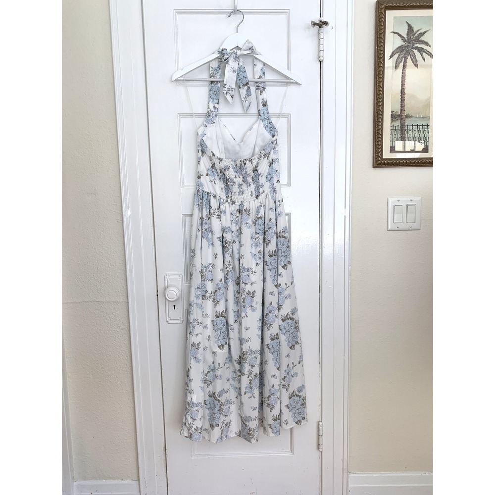 Floral Halter Sun Dress XS Coquette Blue White Sweetheart V-Waist Cottagecore - Picture 9 of 16